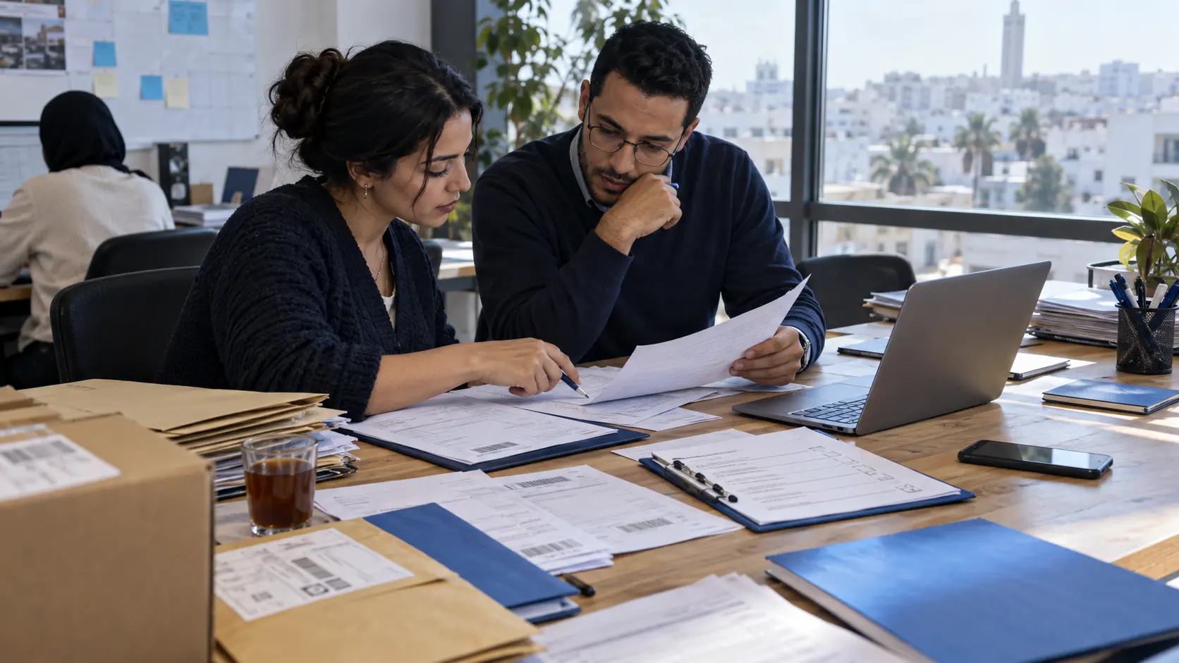 Deux professionnels marocains vérifient des documents avant leur traitement dans un workflow connecté