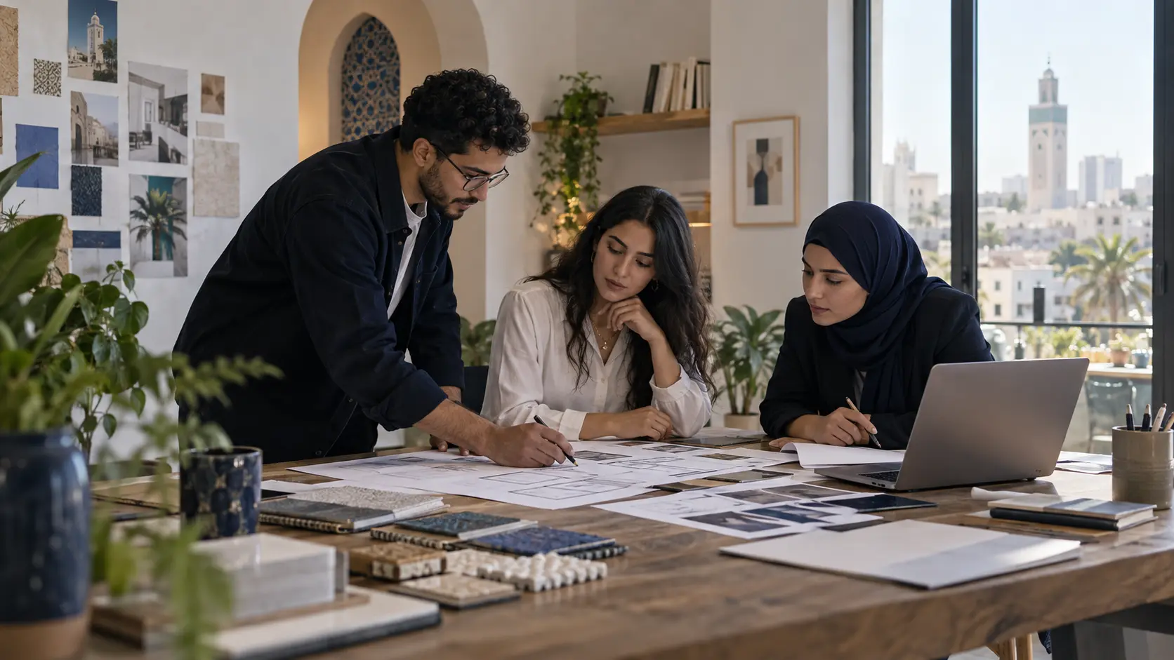 Trois professionnels marocains examinent des maquettes imprimées dans un studio de création à Casablanca