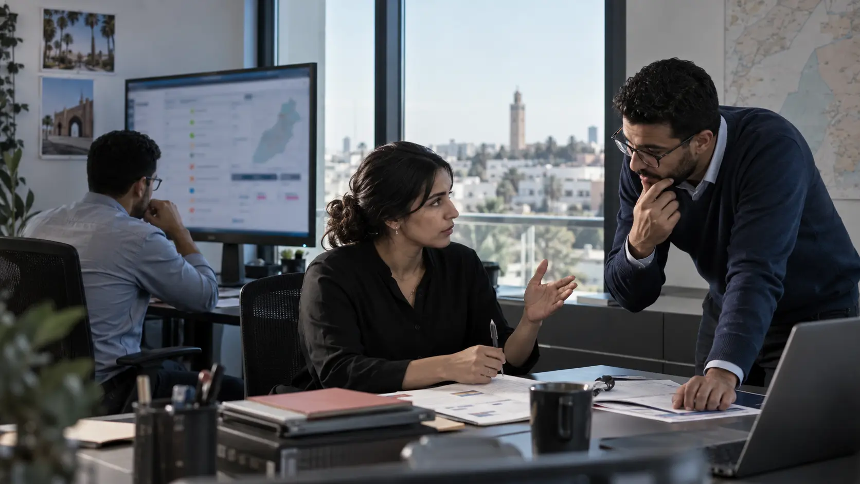Trois professionnels marocains examinent une exception dans un flux de travail supervisé