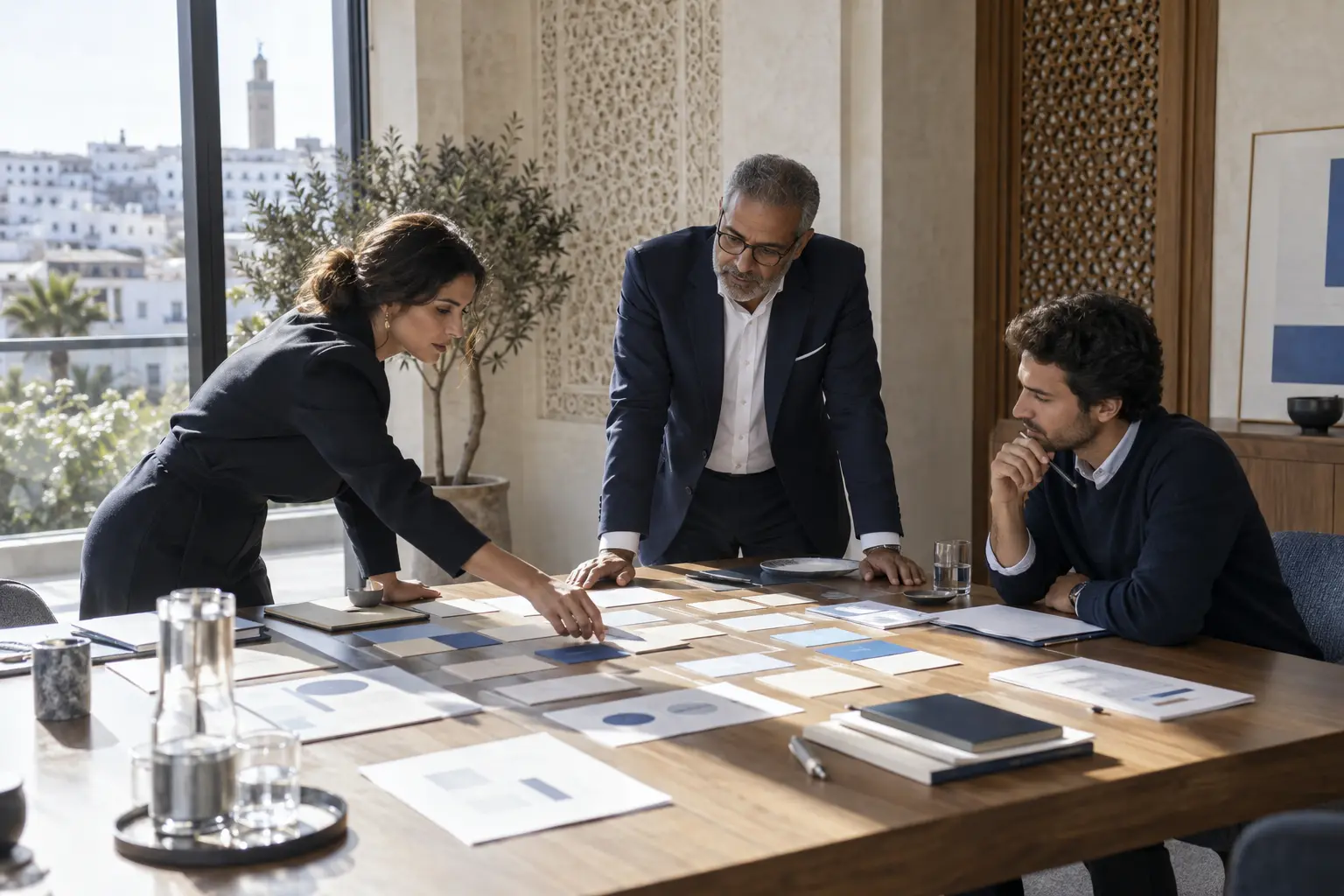 Une dirigeante et deux consultants marocains organisent des documents de travail pendant une séance de priorisation